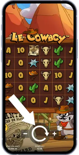 Le Cowboy game interface with circular spin button highlighted for starting the game