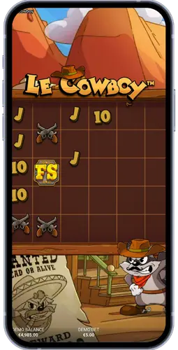 Le Cowboy gameplay in action with FS scatter symbol visible on the reels and Wild West theme