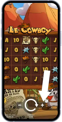 Le Cowboy slot game interface showing the 6x5 grid with spin button and bet controls at the bottom