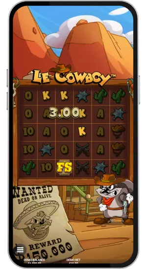 Rozgrywka w Le Cowboy z widocznym symbolem scatter FS na bębnach i motywem Dzikiego Zachodu