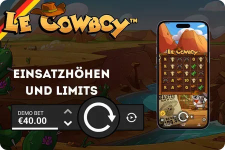 Le Cowboy Einsatzgrößen und Limits mit Demo-Einsatzanzeige in EUR und Aktualisieren-Button