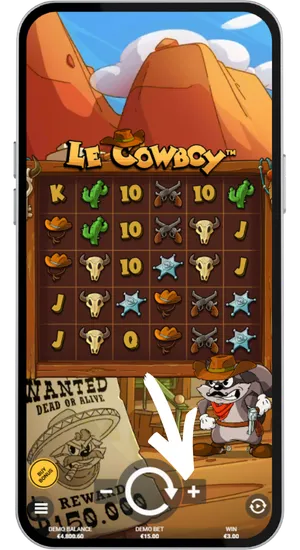 Le Cowboy slotgränssnitt med 6x5 rutnät, snurrknapp och insatskontroller längst ner