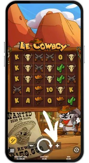 Le Cowboy Slot-Oberfläche mit 6x5-Raster, Spin-Button und Einsatzsteuerung im unteren Bereich