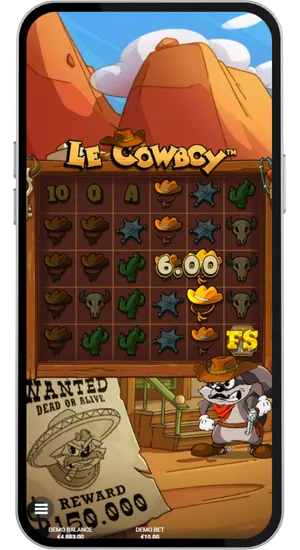 Le Cowboy Gameplay mit sichtbarem FS-Scatter-Symbol auf den Walzen im Wildwest-Design