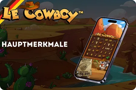 Wichtige Funktionen des Le Cowboy Slots mit Sternebewertungen und Bonusanzeigen im Wüstendesign