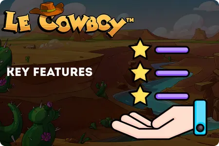 Le Cowboy slot key features with star ratings and bonus indicators in a desert theme