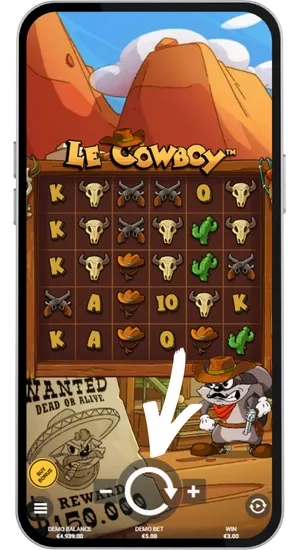 Interfejs gry Le Cowboy z podświetlonym okrągłym przyciskiem spinu do rozpoczęcia gry