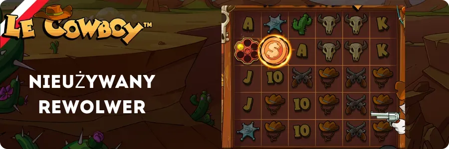 Mechanika Revolver Reveals w Le Cowboy z cylindrem wystrzeliwującym specjalne symbole na planszę