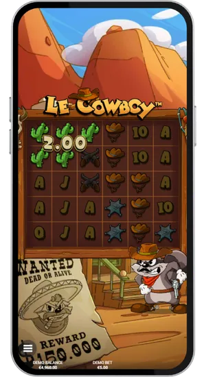 Le Cowboy -pelin pelinäkymä, jossa FS-scatter-symboli näkyy rullilla Villi länsi -teemassa