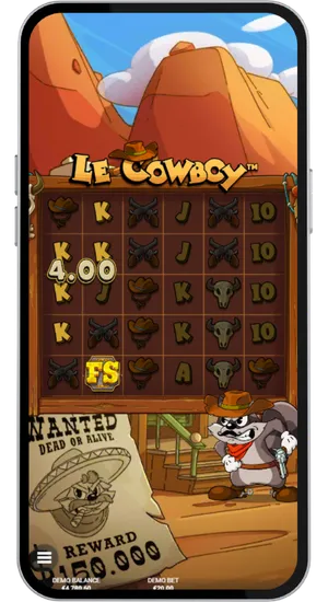 Le Cowboy spel i gång med scatter FS-symbol synlig på hjulen i vilda västern-tema