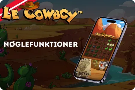 Le Cowboy-spilleautomatens nøglefunktioner med stjernebedømmelser og bonusindikatorer i et ørkentema
