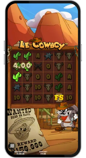 Le Cowboy-gameplay i gang med FS-scatter-symbol synligt på hjulene og Wild West-tema