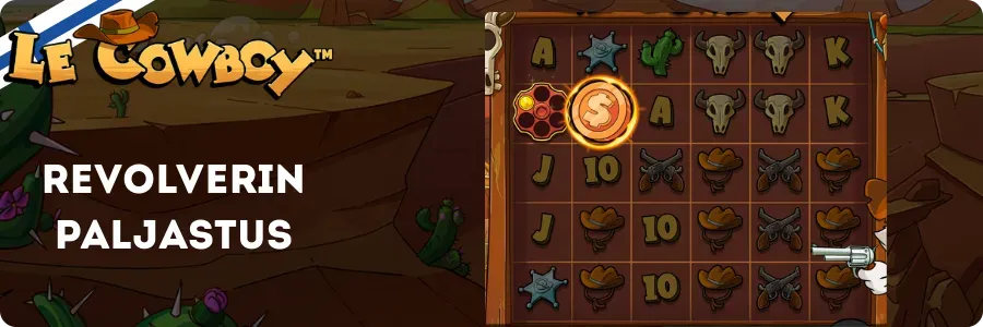 Le Cowboy Revolver Reveals -mekaniikka, jossa sylinteri ampuu erikoissymboleita pelialueelle