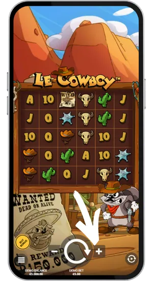 Le Cowboy -pelin käyttöliittymä, jossa näkyy 6x5 pelialue, pyöräytyspainike ja panoshallinta euroissa näytön alareunassa