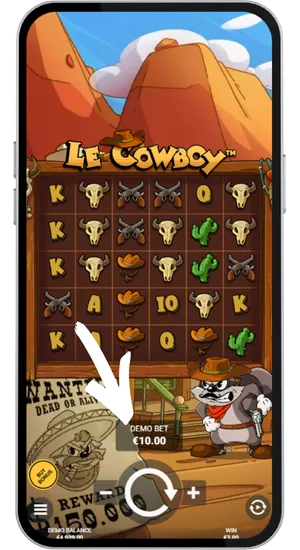 Ekran wyboru stawki w Le Cowboy z kwotą zakładu demo i przyciskami regulacji